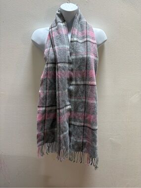 Saks Fifth Avenue Pink and Gray Plaid Fringe Wrap